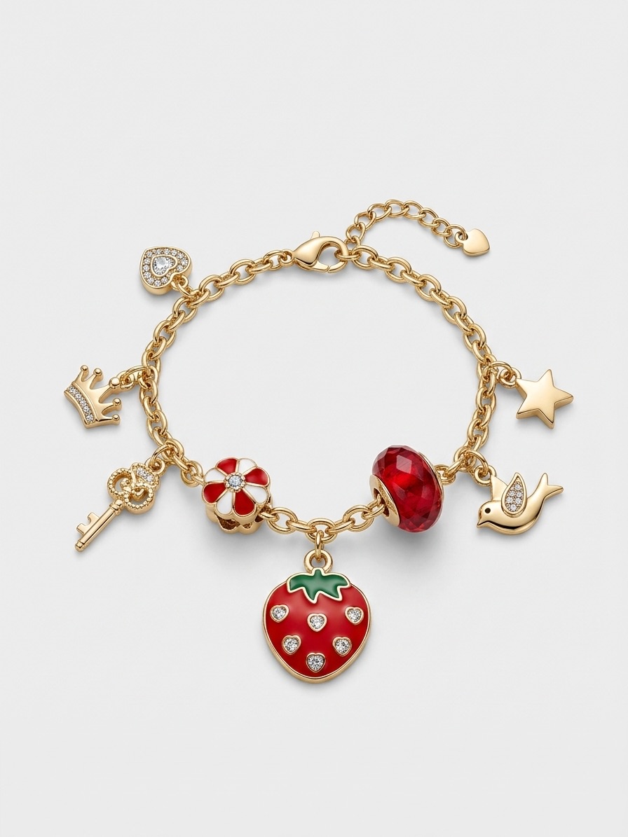 Bracelet à charms doré avec fraise émaillée rouge — collection Les Couleurs