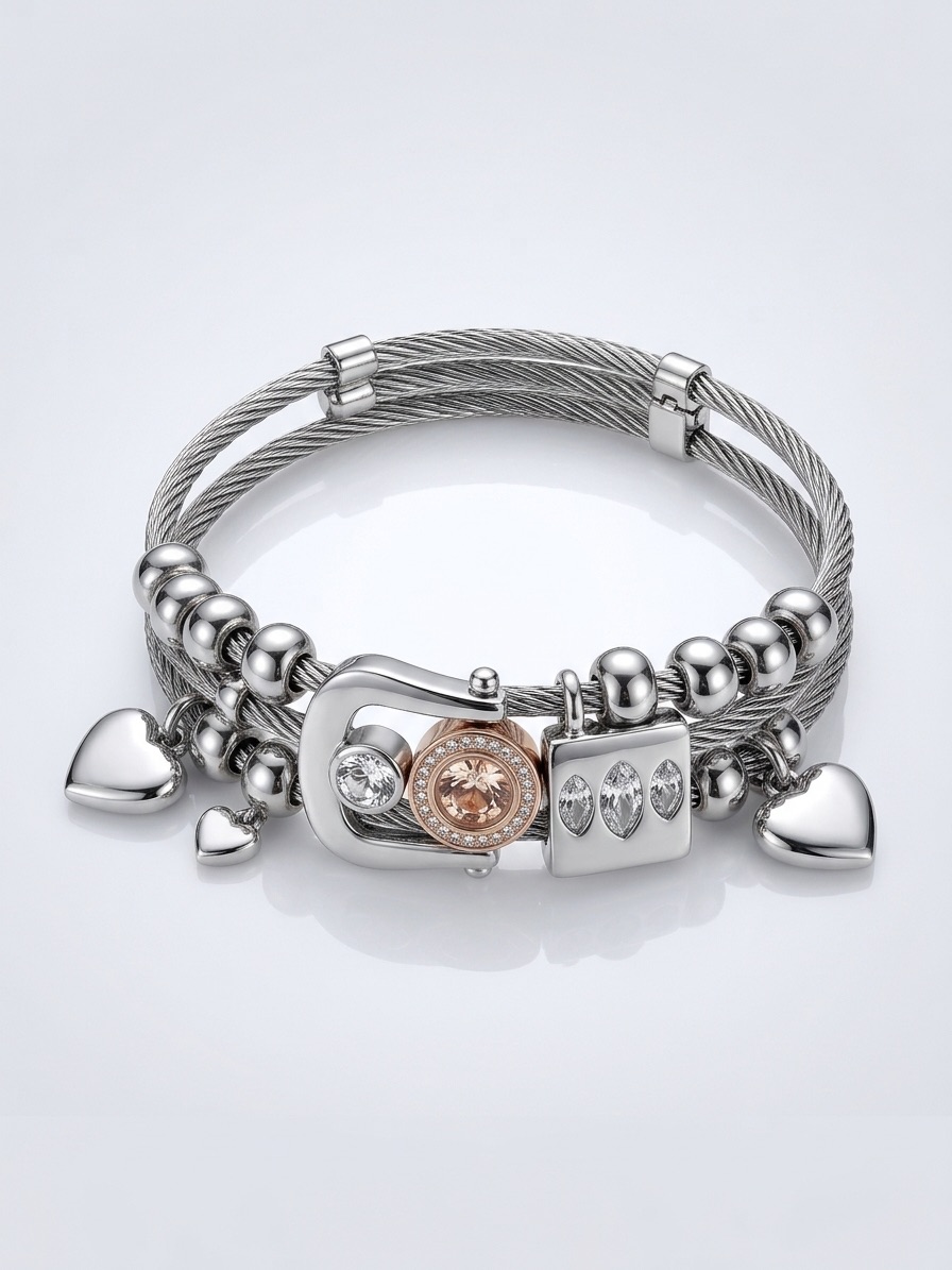 Bracelet à double câble torsadé, perles et cœurs argentés — collection Les Douceurs